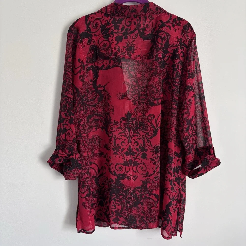 Catherines Women's Sheer Abstract Top Size 0X Red Metallic Stripes Whimsigoth‎ - Picture 3 of 11